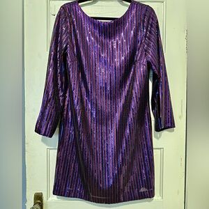 “Gita” boat neck mini dress with long slit sleeves, in purple sequin stripes.